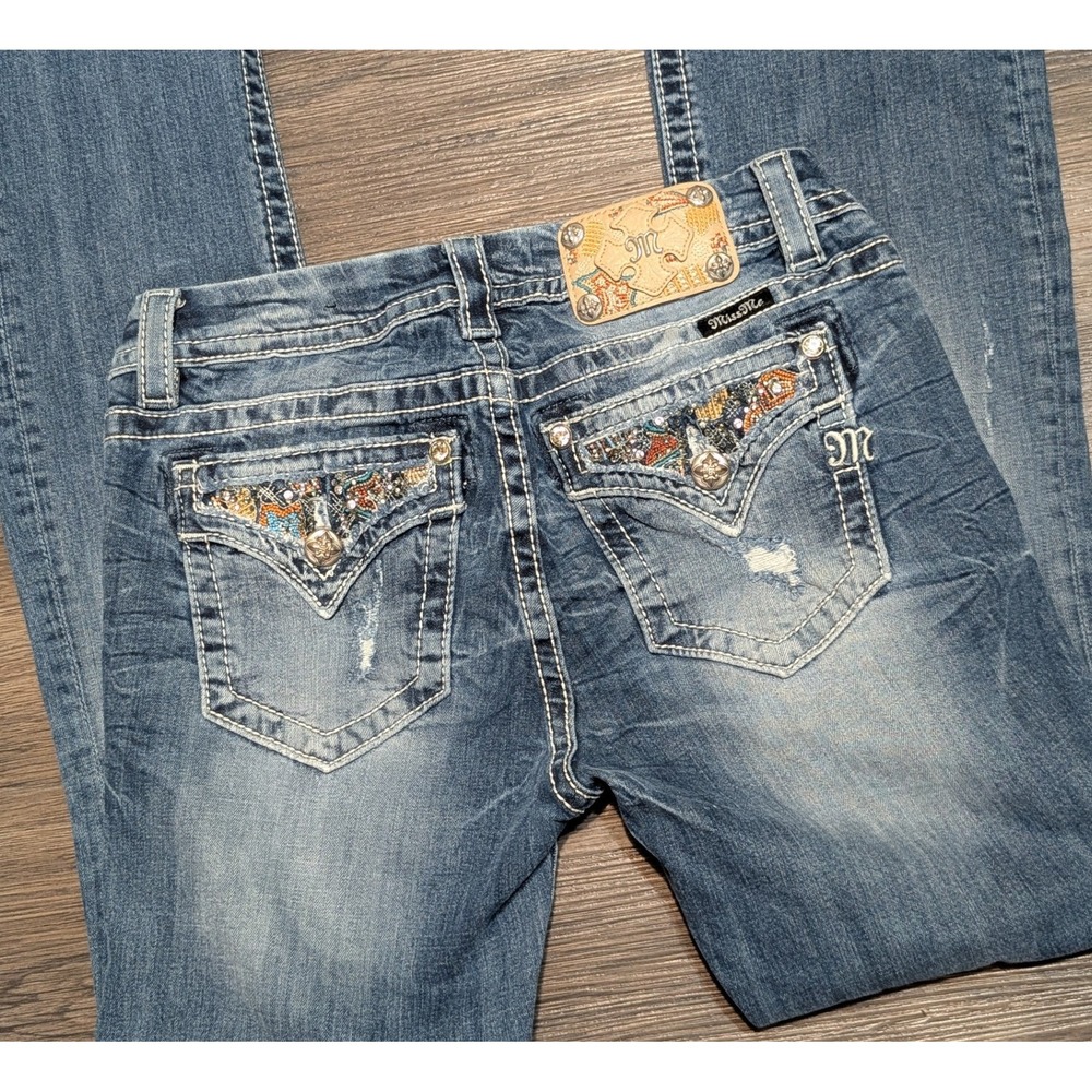Miss Me Mid Rise Bootcut Jeans 29x32 Medium Wash Distressed  Y2K Denim